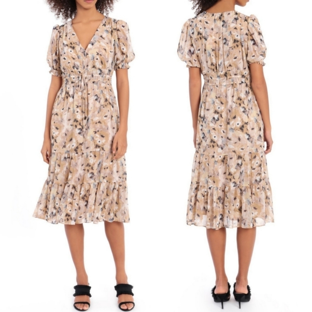 Maggy London Khaki Gold Print Puff Sleeve Ruffle Hem Midi Dress - Picture 1 of 9